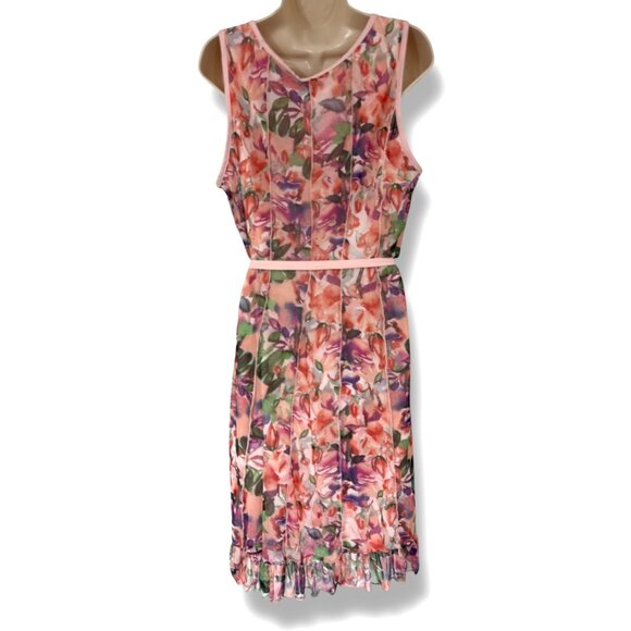 ILE Floral Print Mesh Fit & Flare Ruffle Hem Dress with Tie Size 16 Summer Party - Picture 3 of 6
